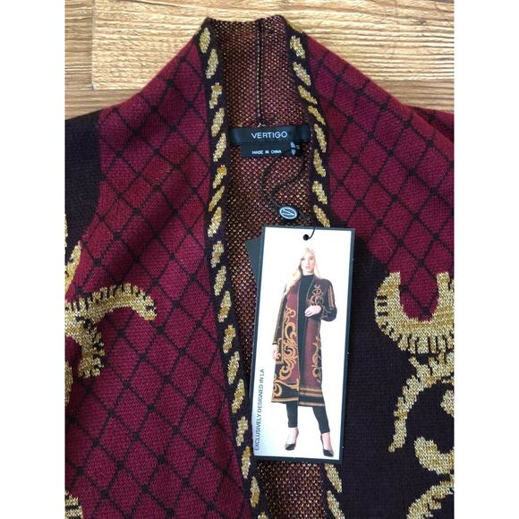 Vertigo Jacquard Black/Red/Gold Long Open Wool Blend Cardigan Sweater Size S NWT - Picture 7 of 11